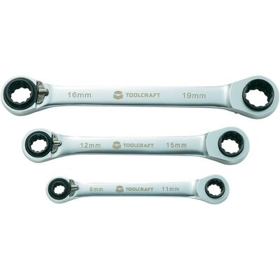 Racsnis csillag villáskulcs készlet, 8-19 mm, 4 in 1, 3 részes króm-vanádium TOOLCRAFT