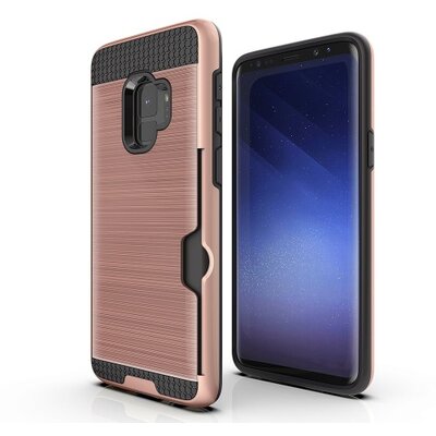 Műanyag hátlapvédő telefontok (gumi / szilikon belső, közepesen ütésálló, bankkártya tartó, szálcsiszolt mintázat) RoseGold [Samsung Galaxy S9 (SM-G960)]