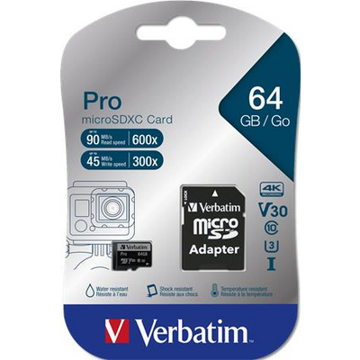 Memóriakártya, microSDXC, 64GB, C10/U3, 90/45 MB/s, adapter, Verbatim "PRO"