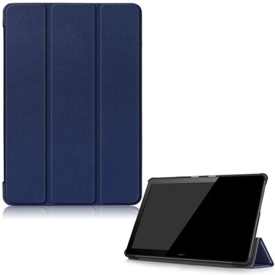 Műanyag Tablet védőtok (bőr flip, TRIFOLD asztali tartó funkció), Sötétkék [Huawei Mediapad T5 10 LTE, Huawei Mediapad T5 10 WIFI]