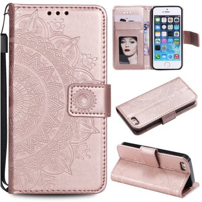 Telefontok álló, bőr hatású (flip, oldalra nyíló, asztali tartó funkció, csuklópánt, mandala minta) RoseGold [Apple iPhone 5, Apple iPhone 5S, Apple iPhone SE]