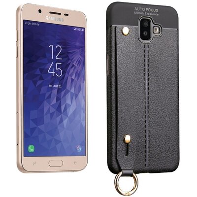 Hátlapvédő telefontok gumi / szilikon (kézpánt, közepesen ütésálló, asztali tartó funkció, bőrhatás, varrás minta) Fekete [Samsung Galaxy J6+ Plus (J610F)]