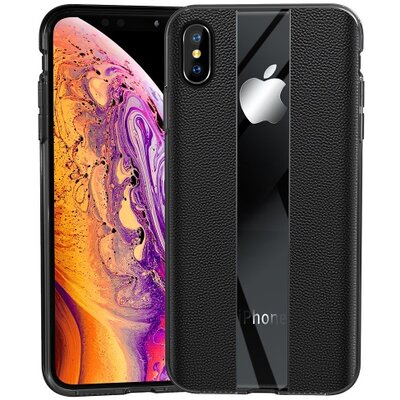 Hátlapvédő telefontok gumi / szilikon (valódi bőr bevonat, csíkos) Átlátszó / Fekete [Apple iPhone XS Max 6.5]