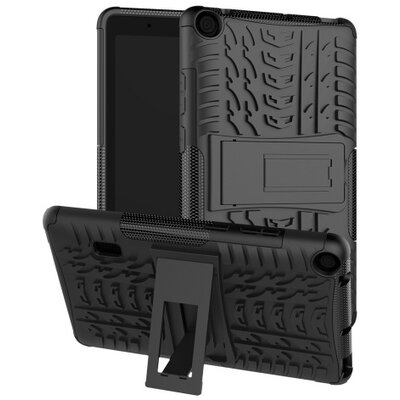 Defender műanyag hátlapvédő tablet tok (közepesen ütésálló, gumi / szilikon belső, kitámasztó, autógumi minta), Fekete [Huawei Mediapad T3 7]