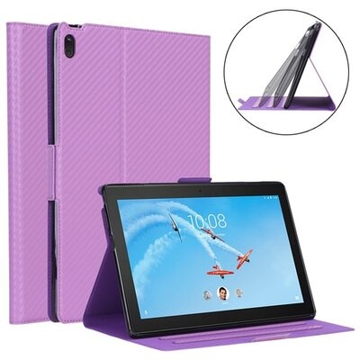 Tablet védőtok álló, bőr (FLIP, oldalra nyíló, asztali tartó funkció, karbon minta) LILA [Lenovo Tab E10 (TB-X104F)]