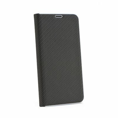 Luna Carbon elegáns karbon mintás flipes oldalra nyíló bőr hatású telefontok, alumínium élekkel - Huawei P Smart 2019, Fekete