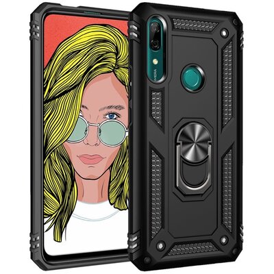 Defender műanyag hátlapvédő telefontok (közepesen ütésálló, szilikon belső, telefontartó gyűrű, beépített fémlemez) Fekete [Huawei P Smart Z (Y9 Prime 2019)]