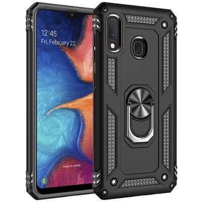 Defender műanyag hátlapvédő telefontok (közepesen ütésálló, szilikon belső, telefontartó gyűrű, beépített fémlemez) Fekete [Samsung Galaxy A20e (SM-A202F)]