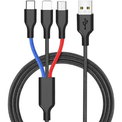 3-in-1 adatkábel, micro USB+Type-c+lightning, 1.2 m, Fekete