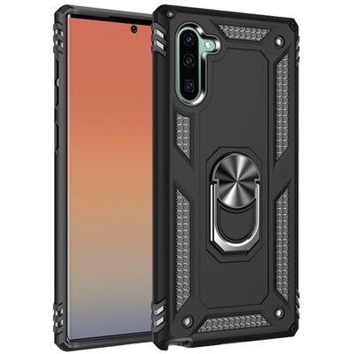 Defender műanyag hátlapvdéő telefontok (közepesen ütésálló, szilikon belső, telefontartó gyűrű, beépített fémlemez) Fekete [Samsung Galaxy Note 10 (SM-N970F)]