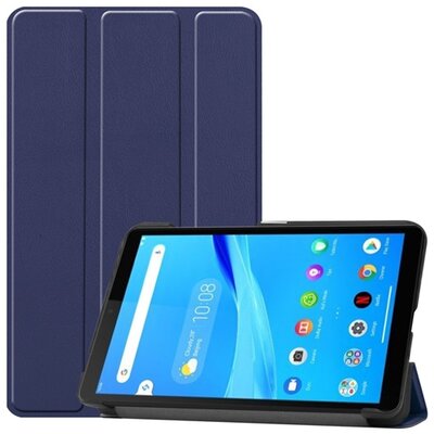 Tablet védőtok álló, bőr hatású (aktív flip, oldalra nyíló, TRIFOLD asztali tartó funkció), Sötétkék [Lenovo Tab M7 (TB-7305F)]