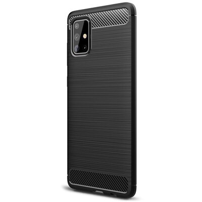 Szilikon hátlapvédő telefontok (közepesen ütésálló, légpárnás sarok, szálcsiszolt, karbonminta) Fekete [Samsung Galaxy A71 (SM-A715F)]