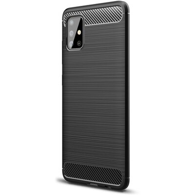 Szilikon hátlapvédő telefontok (közepesen ütésálló, légpárnás sarok, szálcsiszolt, karbon minta) Fekete [Samsung Galaxy A51 (SM-A515F)]