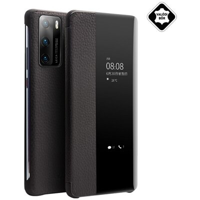 QIALINO telefontok álló, valódi bőr (aktív flip, oldalra nyíló, View Window) Fekete [Huawei P40]