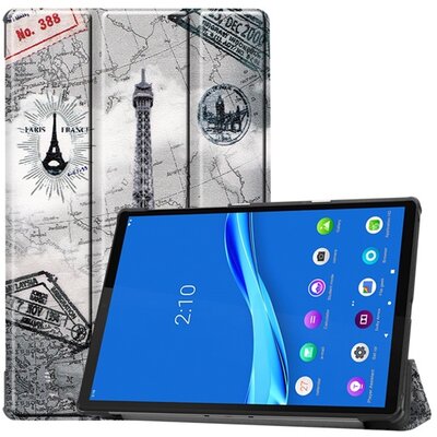 Tablet védőtok álló, bőr hatású (aktív flip, oldalra nyíló, TRIFOLD asztali tartó funkció, Eiffel torony, térkép minta) SZÜRKE [Lenovo Tab M10 Plus (TB-X606F)]