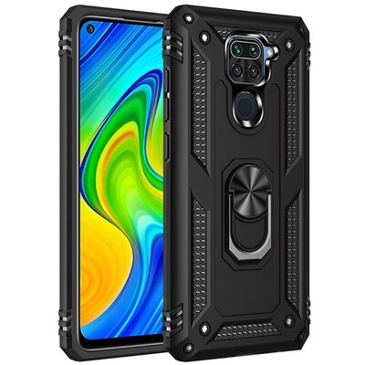 Defender műanyag hátlapvédő telefontok (közepesen ütésálló, szilikon belső, telefontartó gyűrű, beépített fémlemez), Fekete [Xiaomi Redmi Note 9]