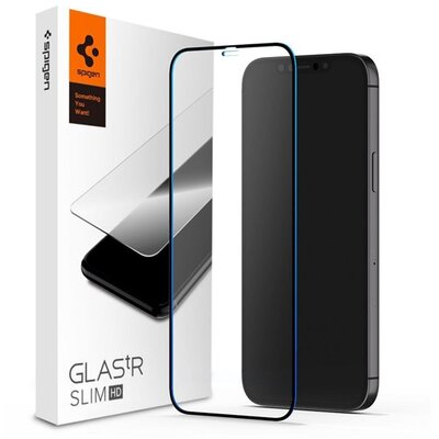 SPIGEN GLASTR SLIM HD kijelzővédő üvegfólia (2.5D full cover, íves, tok barát, karcálló, 0.2mm, 9H), Fekete [Apple iPhone 12 mini]