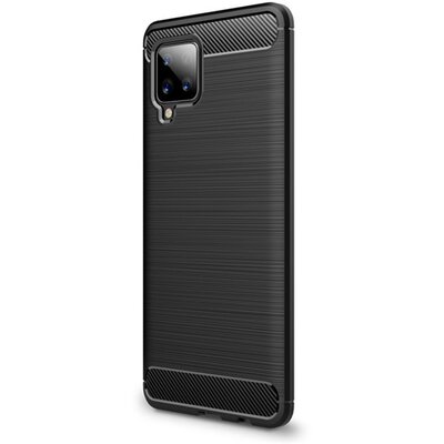 Szilikon hátlapvédő telefontok (közepesen ütésálló, légpárnás sarok, szálcsiszolt, karbon minta), Fekete [Samsung Galaxy A42 5G (SM-A425F)]
