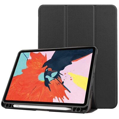 Tablet védőtok álló, bőr hatású (aktív flip, oldalra nyíló, asztali tartó funkció, Apple Pencil tartó), Fekete [Apple IPAD Air 2020 (Air 4)]