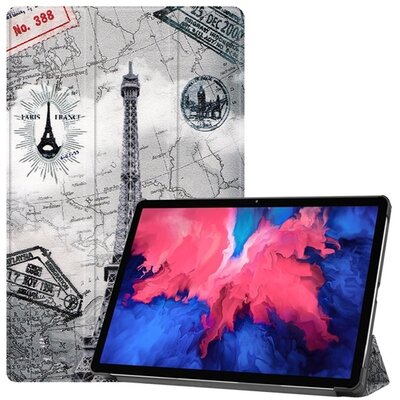 Tablet védőtok álló, bőr hatású (aktív flip, oldalra nyíló, TRIFOLD asztali tartó funkció, Eiffel torony, térkép minta), Szürke [Lenovo Tab P11 (TB-J606F)]