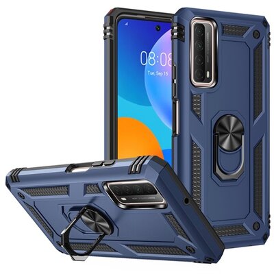 Defender műanyag hátlapvédő telefontok (közepesen ütésálló, szilikon belső, telefontartó gyűrű, beépített fémlemez), Sötétkék [Huawei P Smart (2021)]