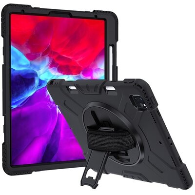 Defender szilikon tablet hátlap védőtok (kézpánt, közepesen ütésálló, kitámasztó, 360°-ban forgatható) FEKETE [Apple IPAD Pro 12.9 (2018), Apple IPAD Pro 12.9 (2020)]