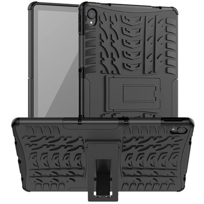 Defender műanyag hátlapvédő telefontok (közepesen ütésálló, szilikon belső, kitámasztó, autógumi minta), Fekete [Lenovo Tab P11 (TB-J606F)]