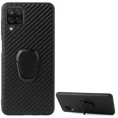 Szilikon hátlapvédő telefontok (közepesen ütésálló, bőr hatású hátlap, kitámasztó, karbon minta), Fekete [Samsung Galaxy A12 (SM-A125F)]
