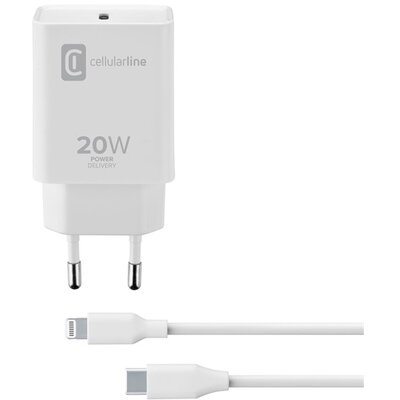 CELLULARLINE hálózati töltő Type-C aljzat (5V / 3000 mA, 20W, PD gyorstöltés + Type-C - lightning 8 pin kábel), Fehér