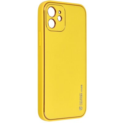 Forcell Leather elegáns szilikon hátlapvédő telefontok, bőrhatású borítás + arany szegély - iPhone 12, Sárga