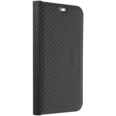 Luna Carbon elegáns karbon mintás flipes oldalra nyíló telefontok, alumínium élekkel - Xiaomi Redmi Note 10 Pro, Fekete