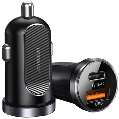 JOYROOM C-A08_B autós töltő USB + Type-C aljzat (5V / 4500mA, túltöltés elleni védelem, 30W, PD gyorstöltés támogatás), Fekete