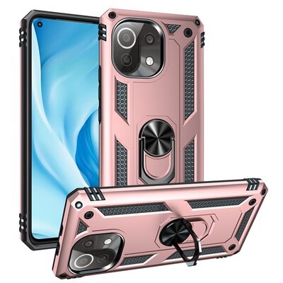 Defender műanyag hátlapvédő telefontok (közepesen ütésálló, szilikon belső, telefontartó gyűrű, beépített fémlemez), Rosegold [Xiaomi Mi 11 Lite 4G, Xiaomi Mi 11 Lite 5G]