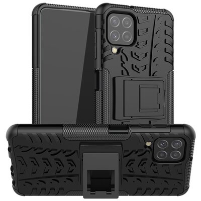 Defender műanyag hátlapvédő telefontok (közepesen ütésálló, szilikon belső, kitámasztó, autógumi minta), Fekete [Samsung Galaxy A22 4G (SM-A225)]