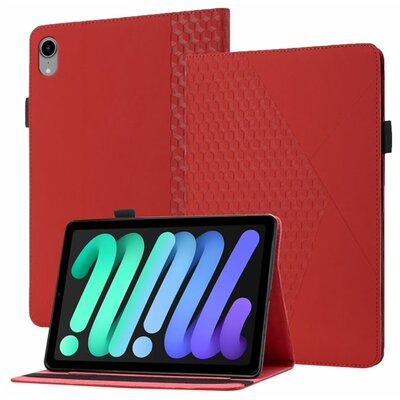 Tablet védőtok álló, bőr hatású (flip, oldalra nyíló, bankkártya tartó, asztali tartó funkció, 3D rombusz minta), Piros [Apple IPAD mini 6 (2021)]