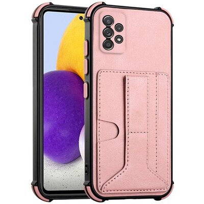 Szilikon hátlapvédő telefontok (közepesen ütésálló, bőr hatású, bankkártya tartó, asztali tartó funkció + kézpánt), Rosegold [Samsung Galaxy A72 4G (SM-A725F)]