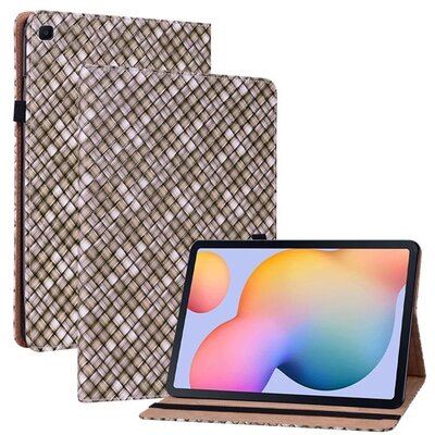 Tablet védőtok álló, bőr hatású (Flip, oldalra nyíló, asztali tartó funkció, fonott minta), Barna [Samsung Galaxy Tab S6 Lite 10.4 LTE (SM-P615), Samsung Galaxy Tab S6 Lite 10.4 WIFI (SM-P610)]