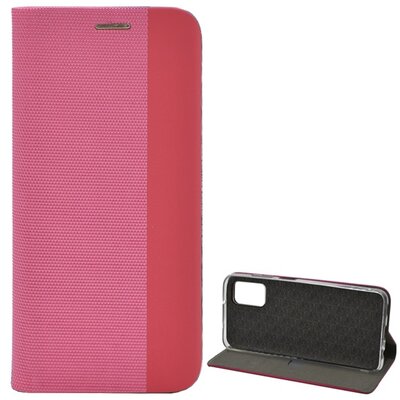 Telefontok álló, bőr hatású (flip, oldalra nyíló, asztali tartó funkció, textil minta), Rózsaszín [Samsung Galaxy A03s (SM-A037F)]