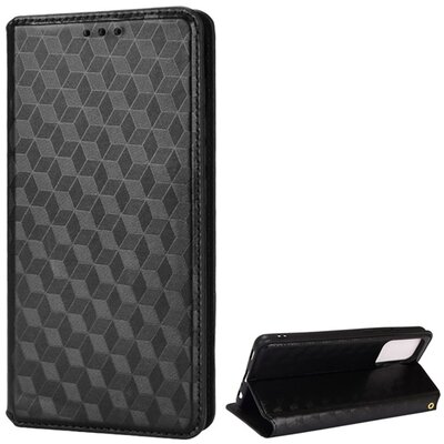 Telefontok álló, bőr hatású (flip, oldalra nyíló, asztali tartó funkció, teljes 3D rombusz minta, prémium), Fekete [Samsung Galaxy A53 (SM-A536) 5G]
