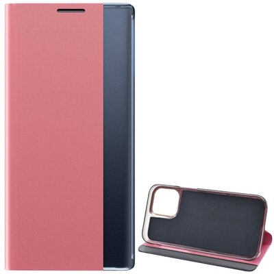 Telefontok álló, textil hatású (aktív flip, oldalra nyíló, asztali tartó funkció, Smart View Cover), Rózsaszín [Apple iPhone 13 Pro Max]