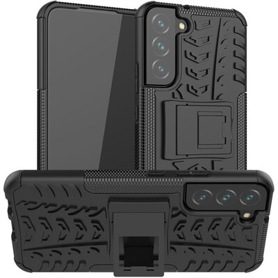 Defender műanyag hátlapvédő telefontok (közepesen ütésálló, szilikon belső, kitámasztó, autógumi minta), Fekete [Samsung Galaxy S22+ Plus 5G (SM-S906)]