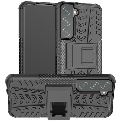 Defender műanyag hátlapvédő telefontok (közepesen ütésálló, szilikon belső, kitámasztó, autógumi minta), Fekete [Samsung Galaxy S22 5G (SM-S901)]