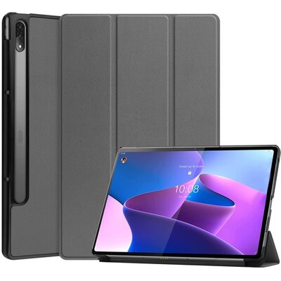 Tablet védőtok álló, bőr hatású (aktív flip, oldalra nyíló, Trifold asztali tartó funkció), Szürke [Lenovo Tab P12 Pro (TB-Q706F)]