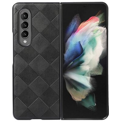 Telefontok álló, bőr hatású (flip, oldalra nyíló, asztali tartó funkció, 3D négyzet minta, prémium), Fekete [Samsung Galaxy Z Fold3 5G (SM-F926)]