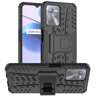 Defender műanyag hátlapvédő telefontok (közepesen ütésálló, szilikon belső, kitámasztó, autógumi minta), Fekete [Realme C35]
