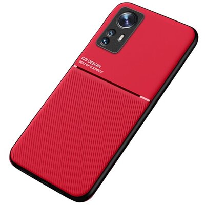 Műanyag hátlapvédő telefontok (szilikon keret, közepesen ütésálló, beépített fémlemez, bőr hatású hátlap, csíkos minta), Piros [Xiaomi 12, Xiaomi 12X]