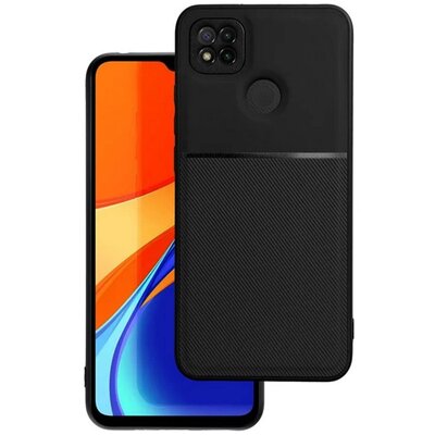 Műanyag hátlapvédő telefontok (szilikon keret, közepesen ütésálló, beépített fémlemez, bőr hatású hátlap, csíkos minta), Fekete [Xiaomi Redmi 9]