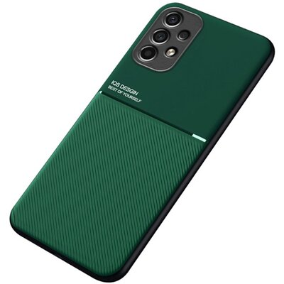 Műanyag hátlapvédő telefontok (szilikon keret, közepesen ütésálló, beépített fémlemez, bőr hatású hátlap, csíkos minta), Sötétzöld [Samsung Galaxy A13 4G (SM-A135F / A137F)]