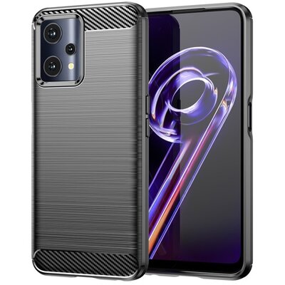 Szilikon hátlapvédő telefontok (közepesen ütésálló, légpárnás sarok, szálcsiszolt, karbon minta), Fekete [Realme 9 Pro]