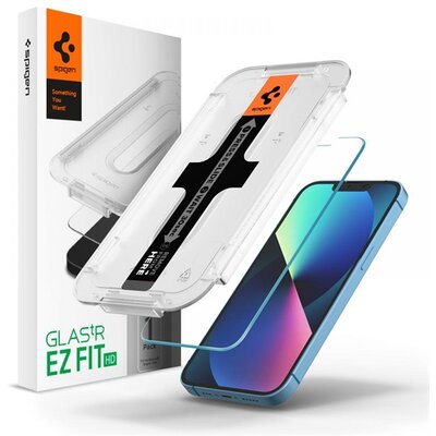 SPIGEN EZ FIT HD kijelzővédő üvegfólia (2.5D full cover, tokbarát, ultravékony, 0.2mm, 9H + segédkeret), Átlátszó [Apple iPhone 13]